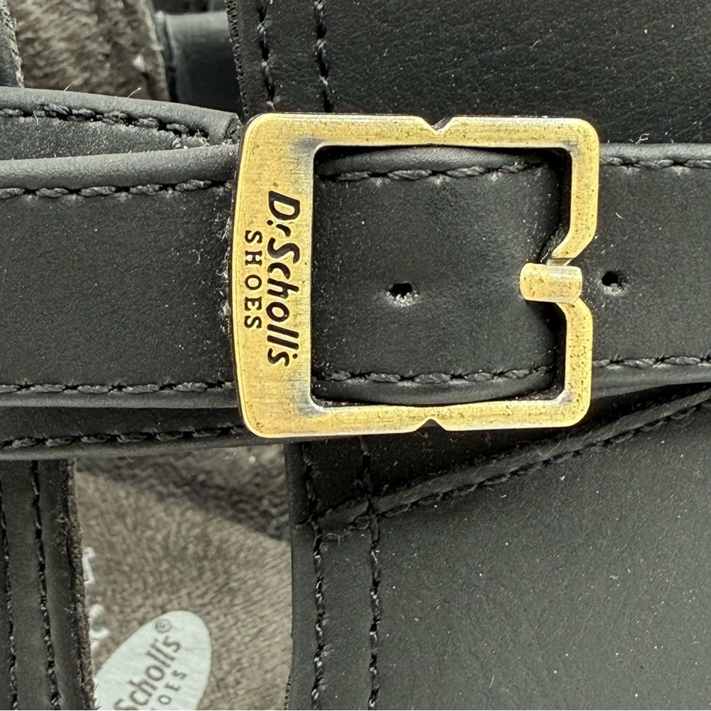 Dr. Scholl’s Literally Black Cutout Ankle Boots w/ Gold Buckle & Stacked Heel - Picture 15 of 16